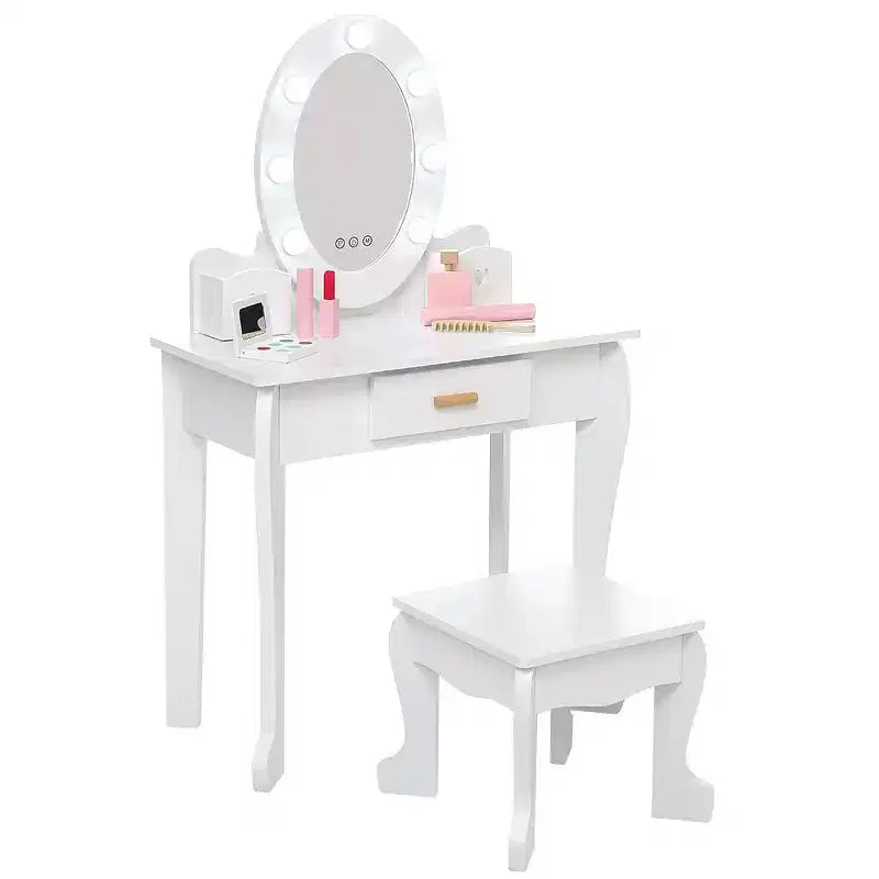 Set da toeletta per bambini con specchio e cassetto - Gioco di finzione travestimento, luci e set per il trucco in legno per bambine 4-9 anni