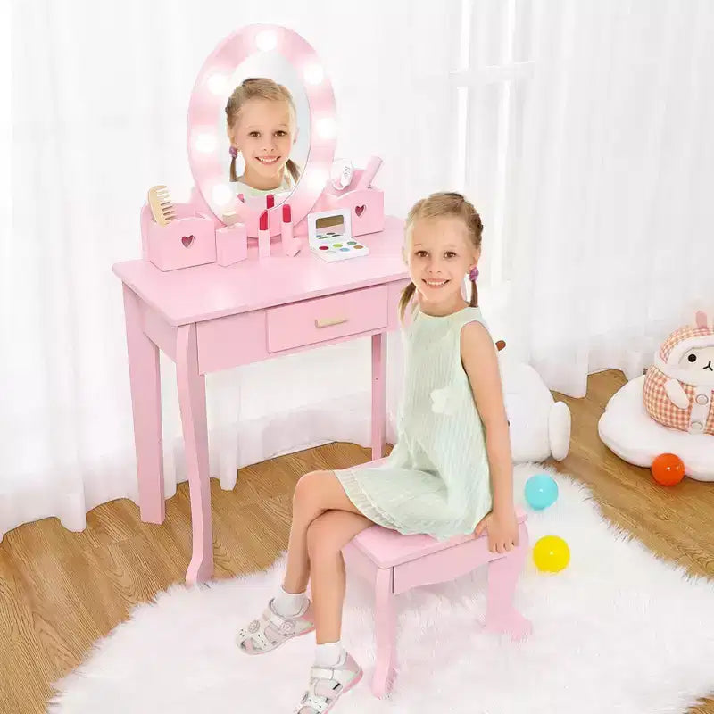 Set da toeletta per bambini con specchio e cassetto - Gioco di finzione travestimento, luci e set per il trucco in legno per bambine 4-9 anni