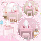 Set da toeletta per bambini con specchio e cassetto - Gioco di finzione travestimento, luci e set per il trucco in legno per bambine 4-9 anni