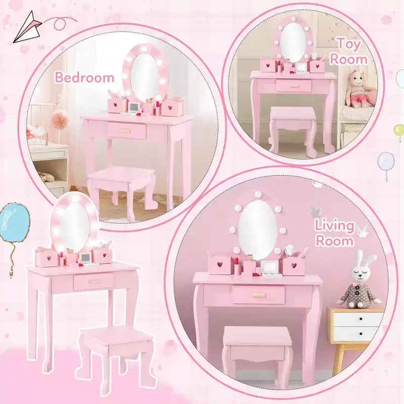 Set da toeletta per bambini con specchio e cassetto - Gioco di finzione travestimento, luci e set per il trucco in legno per bambine 4-9 anni