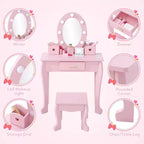 Set da toeletta per bambini con specchio e cassetto - Gioco di finzione travestimento, luci e set per il trucco in legno per bambine 4-9 anni