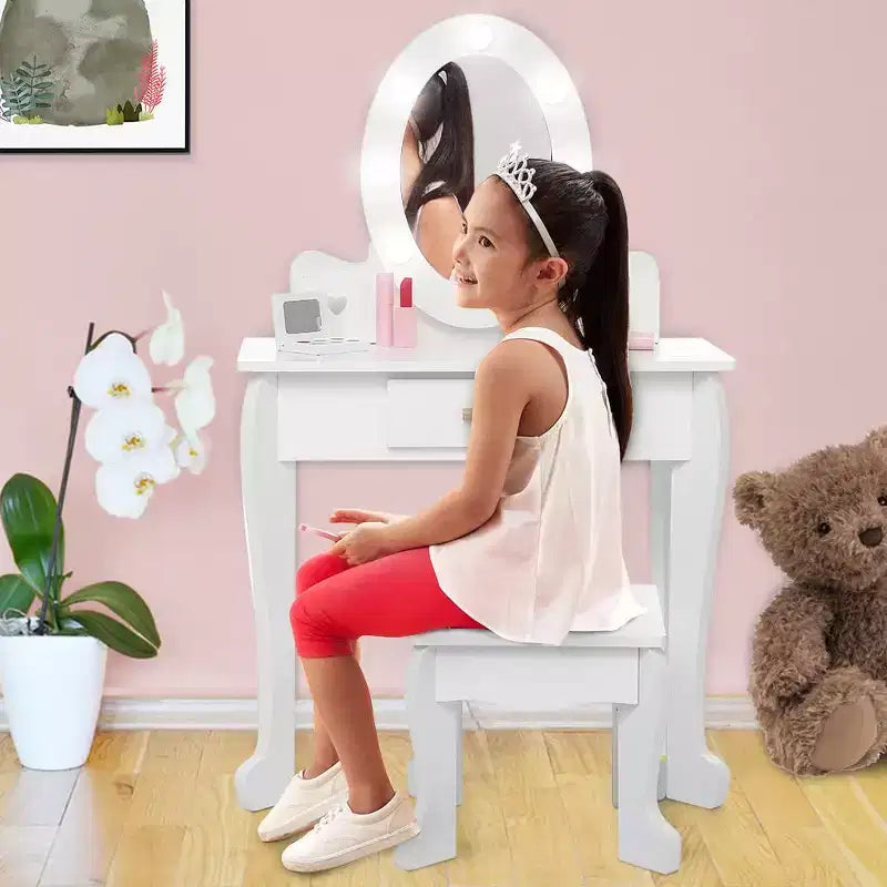 Set da toeletta per bambini con specchio e cassetto - Gioco di finzione travestimento, luci e set per il trucco in legno per bambine 4-9 anni