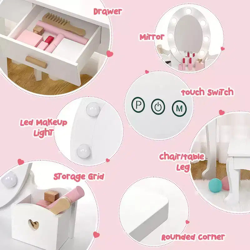 Set da toeletta per bambini con specchio e cassetto - Gioco di finzione travestimento, luci e set per il trucco in legno per bambine 4-9 anni