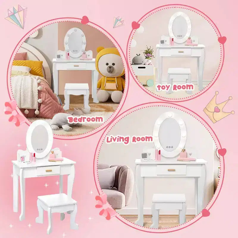 Set da toeletta per bambini con specchio e cassetto - Gioco di finzione travestimento, luci e set per il trucco in legno per bambine 4-9 anni
