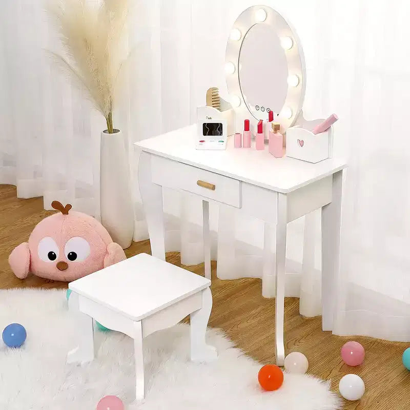 Set da toeletta per bambini con specchio e cassetto - Gioco di finzione travestimento, luci e set per il trucco in legno per bambine 4-9 anni