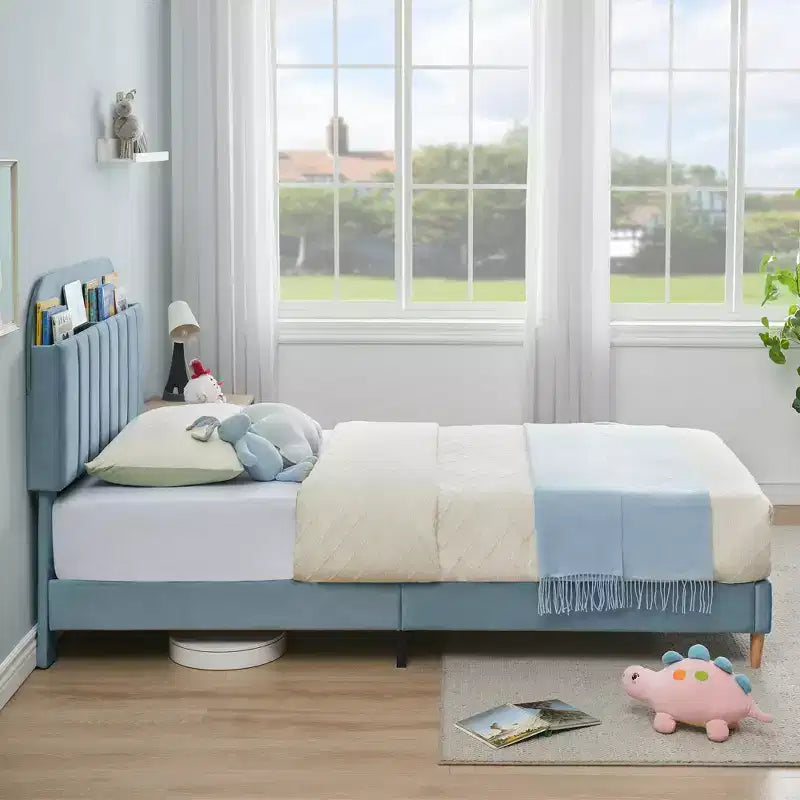 Struttura letto singola con testiera libreria, letto a piattaforma imbottito in velluto - Robuste gambe in acciaio, silenzioso, facile da montare
