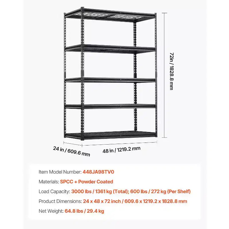 VEVOR Scaffali da Magazzino, 1360 kg, Scaffalatura da Garage a 5 Ripiani Resistente, Scaffali in Metallo Regolabili 61 P x 122 L x 183 H cm per Unità di Scaffalatura Industriale