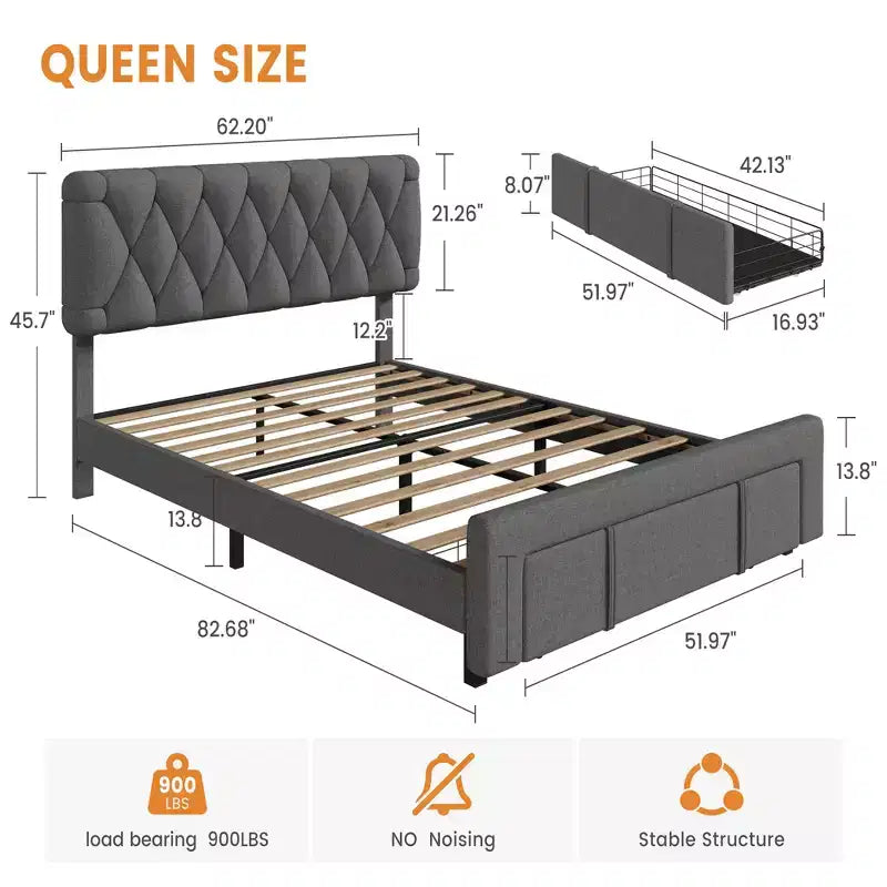 Struttura letto matrimoniale Queen Size imbottita con cassetti contenitore, base materasso con solide doghe in legno, nessun bisogno di rete a molle