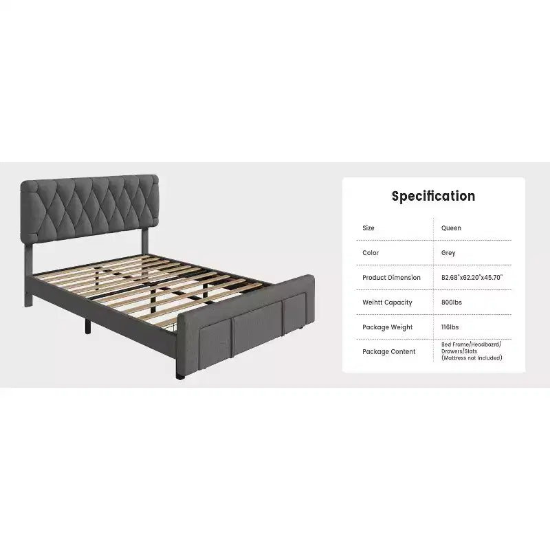 Struttura letto matrimoniale Queen Size imbottita con cassetti contenitore, base materasso con solide doghe in legno, nessun bisogno di rete a molle