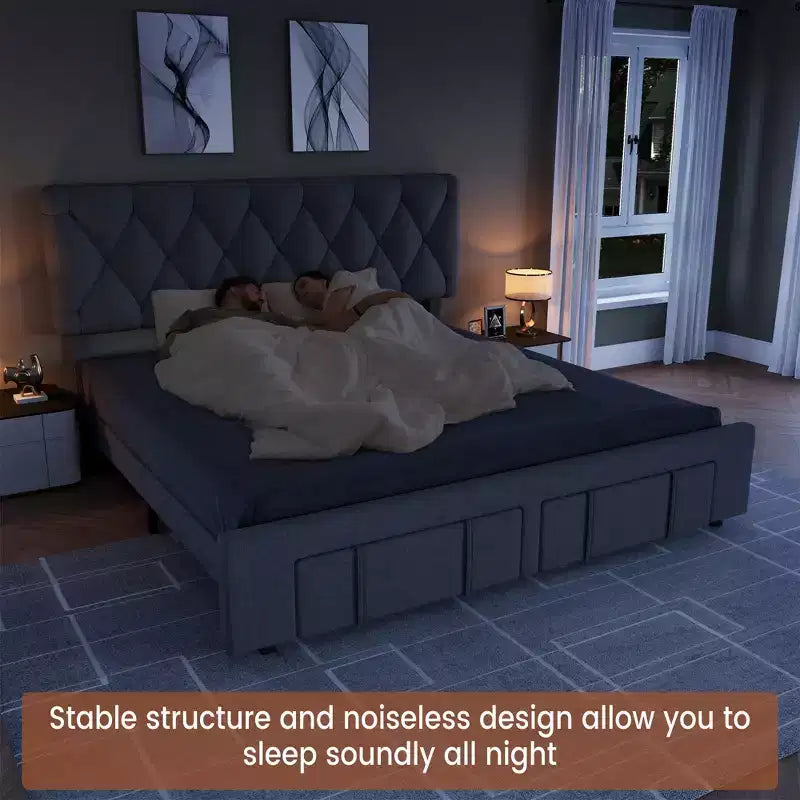 Struttura letto matrimoniale Queen Size imbottita con cassetti contenitore, base materasso con solide doghe in legno, nessun bisogno di rete a molle