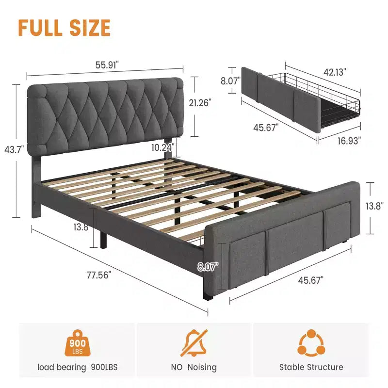 Struttura letto matrimoniale Queen Size imbottita con cassetti contenitore, base materasso con solide doghe in legno, nessun bisogno di rete a molle