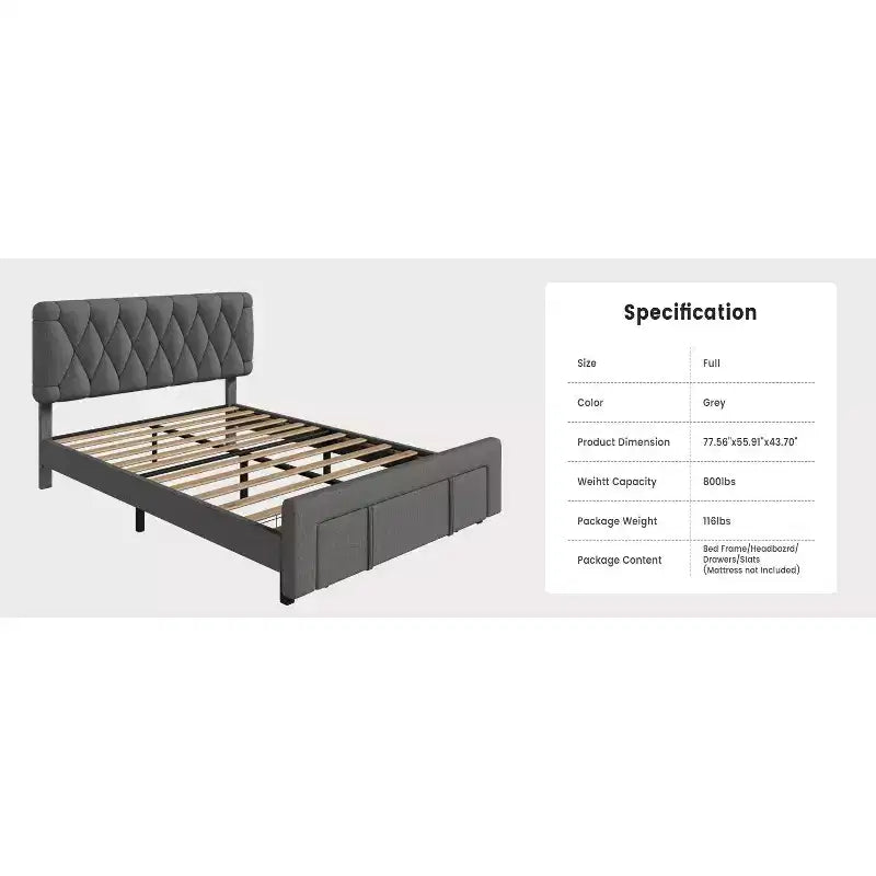 Struttura letto matrimoniale Queen Size imbottita con cassetti contenitore, base materasso con solide doghe in legno, nessun bisogno di rete a molle