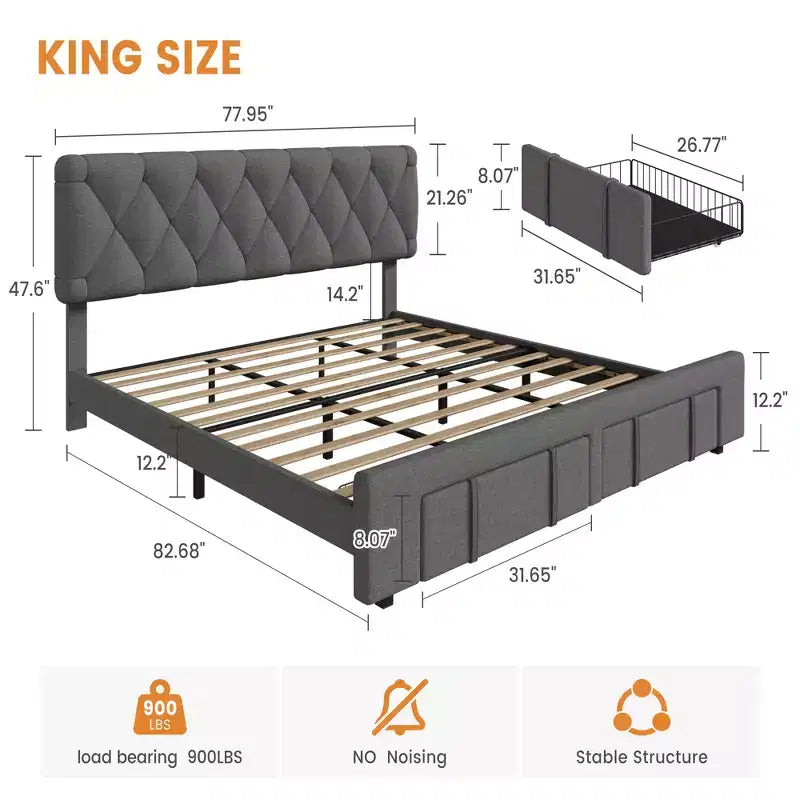 Struttura letto matrimoniale Queen Size imbottita con cassetti contenitore, base materasso con solide doghe in legno, nessun bisogno di rete a molle