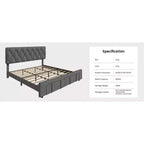 Struttura letto matrimoniale Queen Size imbottita con cassetti contenitore, base materasso con solide doghe in legno, nessun bisogno di rete a molle