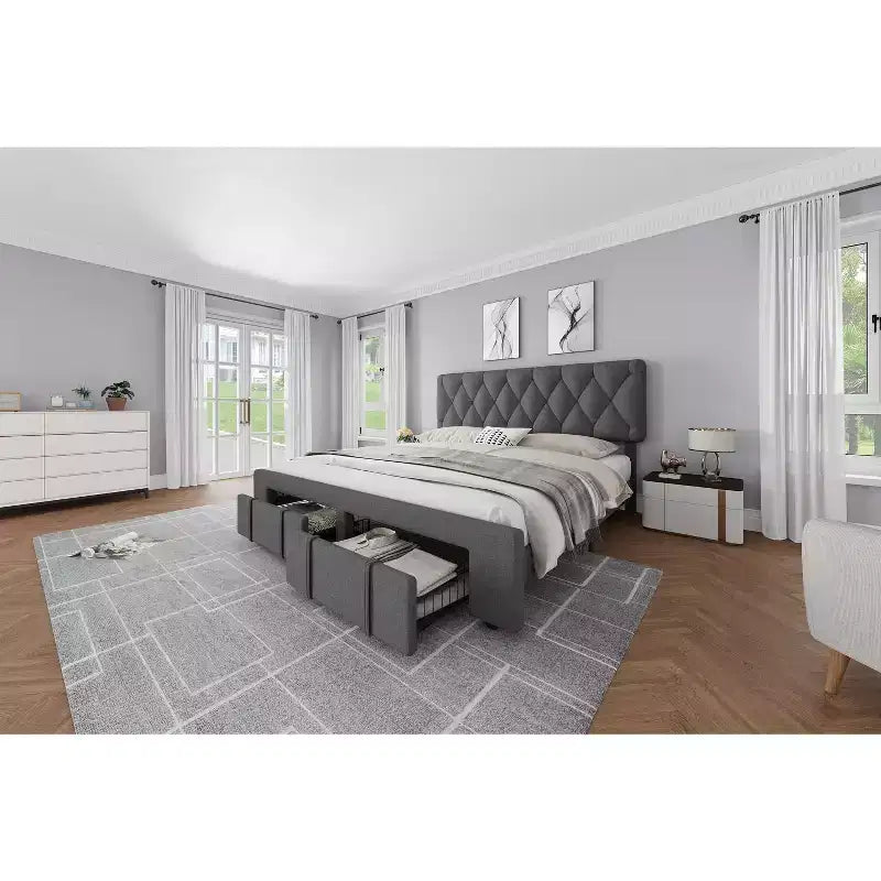 Queen Size Bed Frame Upholstered Platform with Storage Drawers Mattress Foundation Solid Wooden Slats Support No Box Spring Needed