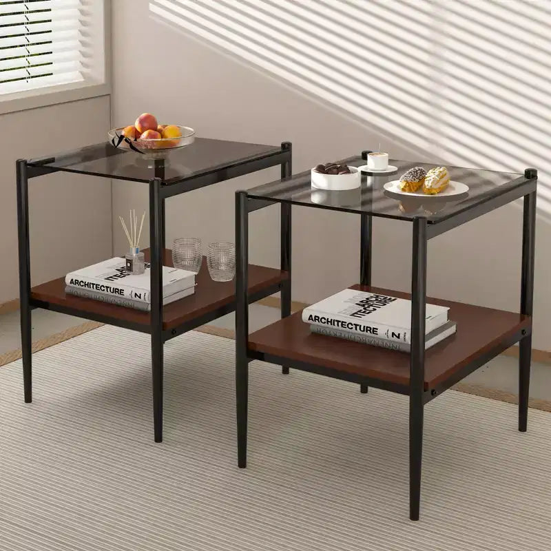 Set di 2 tavolini rettangolari, piano in vetro temperato con strato in MDF, tavolo moderno per soggiorno, vetro grigio