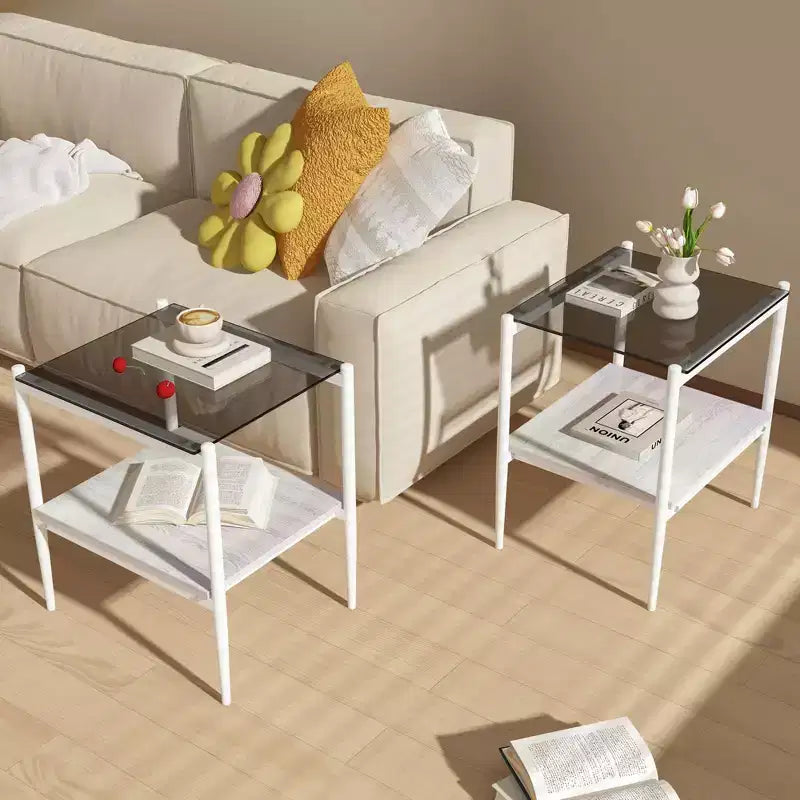 Set di 2 tavolini rettangolari, piano in vetro temperato con strato in MDF, tavolo moderno per soggiorno, vetro grigio