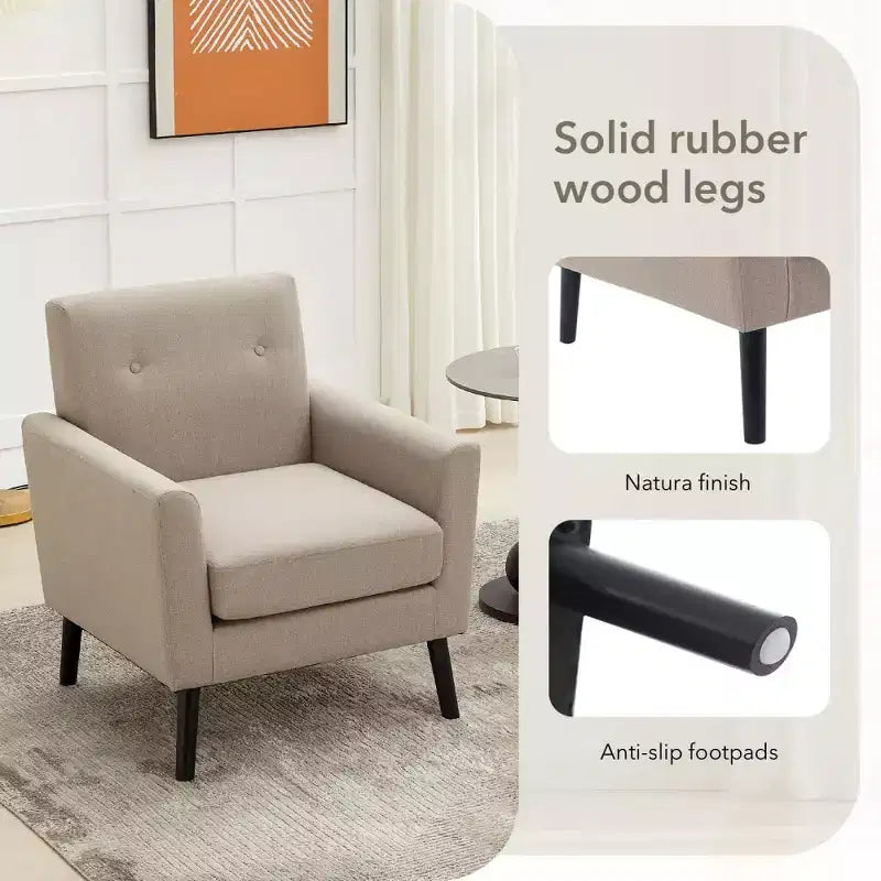 Poltrona Mid-Century, Poltrona Moderna in Tessuto, Comode Poltrone da Lettura Imbottite per Camera da Letto, Poltrona Singola con Gambe in Legno