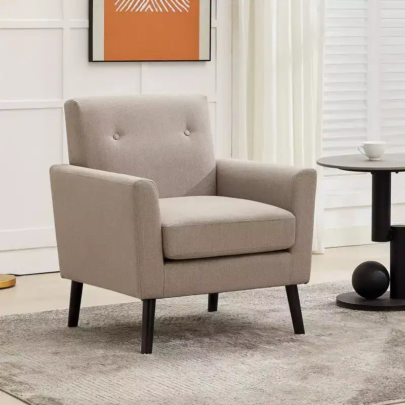 Poltrona Mid-Century, Poltrona Moderna in Tessuto, Comode Poltrone da Lettura Imbottite per Camera da Letto, Poltrona Singola con Gambe in Legno