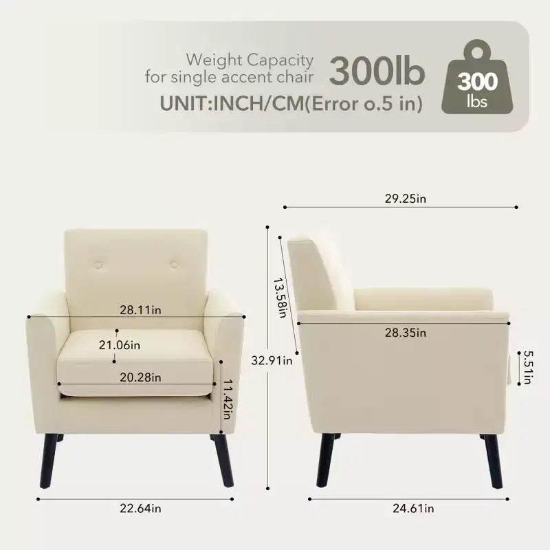 Poltrona Mid-Century, Poltrona Moderna in Tessuto, Comode Poltrone da Lettura Imbottite per Camera da Letto, Poltrona Singola con Gambe in Legno