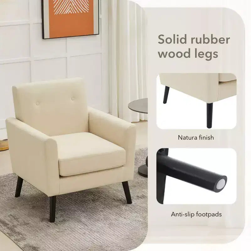Poltrona Mid-Century, Poltrona Moderna in Tessuto, Comode Poltrone da Lettura Imbottite per Camera da Letto, Poltrona Singola con Gambe in Legno