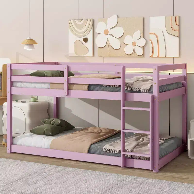 Letto a soppalco singolo Okak Rubber Wood, letto a castello a basso profilo con scaletta larga e doghe rinforzate, letto a soppalco multifunzionale per bambini e ragazzi