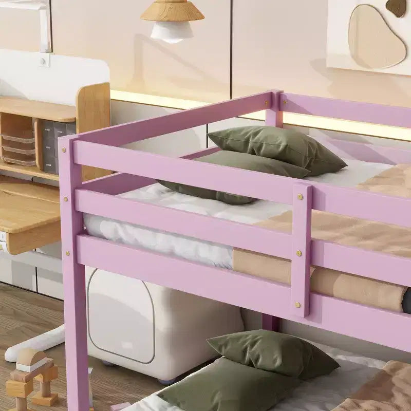 Letto a soppalco singolo Okak Rubber Wood, letto a castello a basso profilo con scaletta larga e doghe rinforzate, letto a soppalco multifunzionale per bambini e ragazzi