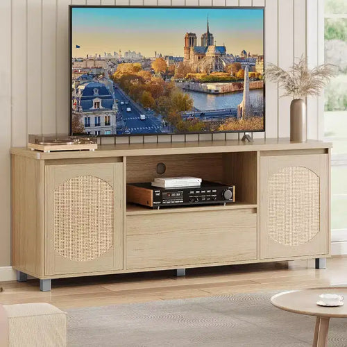 63 Rattan & Oak TV Stand for 70 TVs  Modern Entertainment Center with Storage Drawer & Open Shelves, Media Console for Living Room or Bedroom