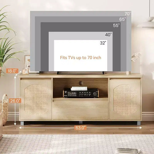 Meuble TV de 63 po en rotin et chêne pour téléviseurs de 70 po Meuble de divertissement moderne avec tiroir de rangement et étagères ouvertes, console multimédia pour salon ou chambre à coucher