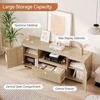 Mobile TV in Rattan e Rovere da 160 cm per TV fino a 70 pollici, Porta TV Moderno con Cassetti e Ripiani Aperti, Consolle Multimediale per Soggiorno o Camera da Leteetto