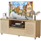 Mobile TV in Rattan e Rovere da 160 cm per TV fino a 70 pollici, Porta TV Moderno con Cassetti e Ripiani Aperti, Consolle Multimediale per Soggiorno o Camera da Leteetto