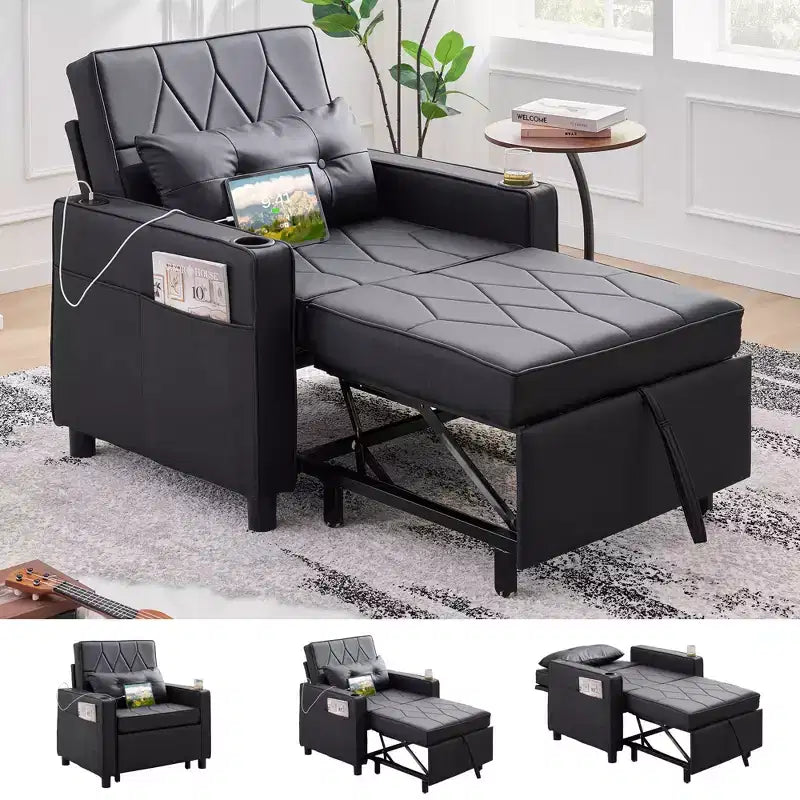 TYBOATLE Fauteuil Lit Convertible 3-en-1 pour Adultes, Canapé Futon Extensible avec Ports USB et Type-C, Porte-Gobelets, Poches Latérales pour Petits Espaces