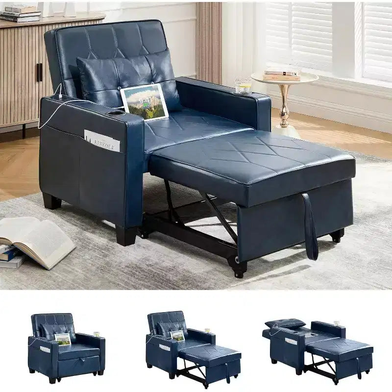 TYBOATLE Fauteuil Lit Convertible 3-en-1 pour Adultes, Canapé Futon Extensible avec Ports USB et Type-C, Porte-Gobelets, Poches Latérales pour Petits Espaces