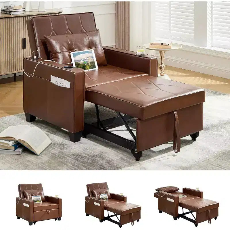 TYBOATLE Fauteuil Lit Convertible 3-en-1 pour Adultes, Canapé Futon Extensible avec Ports USB et Type-C, Porte-Gobelets, Poches Latérales pour Petits Espaces