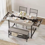 Set da pranzo per 4 persone con tavolo rettangolare in stile rustico, panca, 2 sedie, scaffale portaoggetti e cassetti, ideale per cucine piccole e angoli per la colazione.