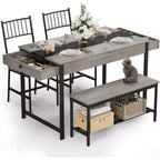 Set da pranzo per 4 persone con tavolo rettangolare in stile rustico, panca, 2 sedie, scaffale portaoggetti e cassetti, ideale per cucine piccole e angoli per la colazione.