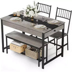 Set da pranzo per 4 persone con tavolo rettangolare in stile rustico, panca, 2 sedie, scaffale portaoggetti e cassetti, ideale per cucine piccole e angoli per la colazione.