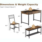 Set da pranzo per 4 persone con tavolo rettangolare in stile rustico, panca, 2 sedie, scaffale portaoggetti e cassetti, ideale per cucine piccole e angoli per la colazione.