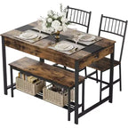 Set da pranzo per 4 persone con tavolo rettangolare in stile rustico, panca, 2 sedie, scaffale portaoggetti e cassetti, ideale per cucine piccole e angoli per la colazione.