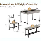 Set da pranzo per 4 persone con tavolo rettangolare in stile rustico, panca, 2 sedie, scaffale portaoggetti e cassetti, ideale per cucine piccole e angoli per la colazione.