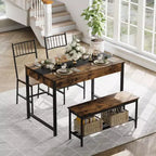 Dining Table Set for 4 with Rectangular Farmhouse Table, Bench, 2 Chairs, Storage Rack & Drawers, Ideal for Small Kitchens and Breakfast Nooks.