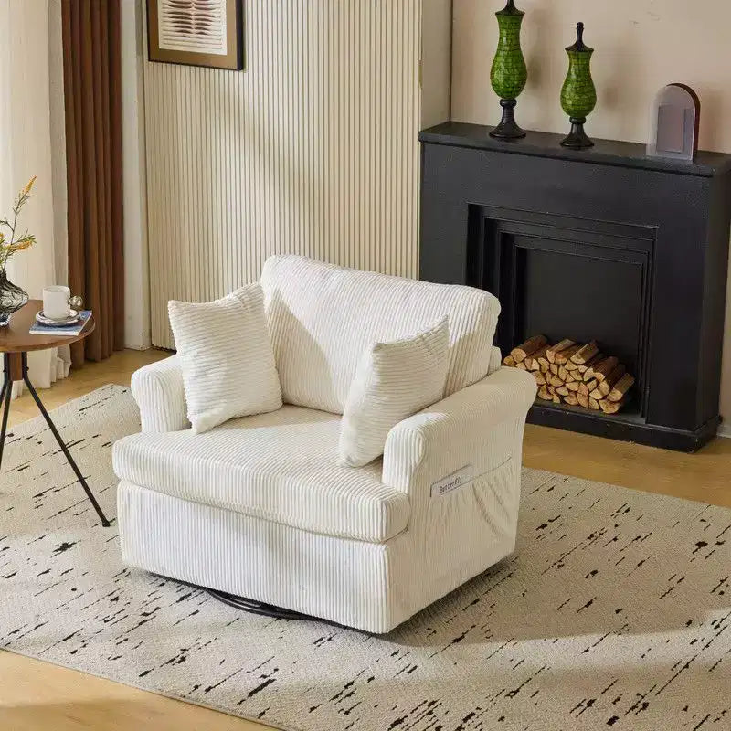 Poltrona accent girevole a barilotto Karl Home in velluto a coste beige per soggiorno