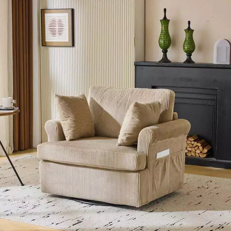 Poltrona accent girevole a barilotto Karl Home in velluto a coste beige per soggiorno