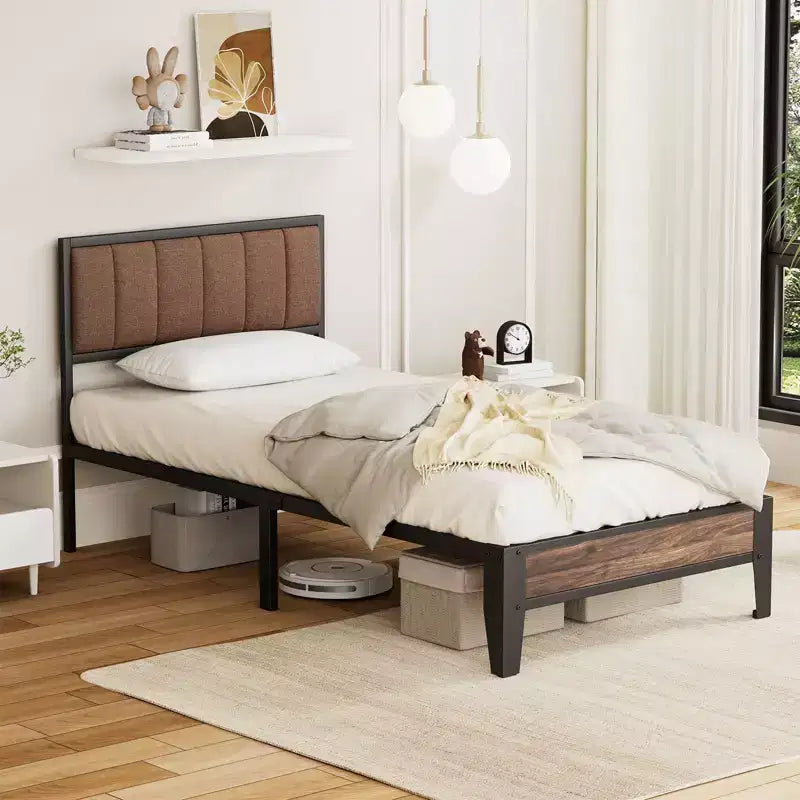Telaio letto a piattaforma Lusimo Twin XL in metallo con testiera imbottita in tessuto, facile da montare