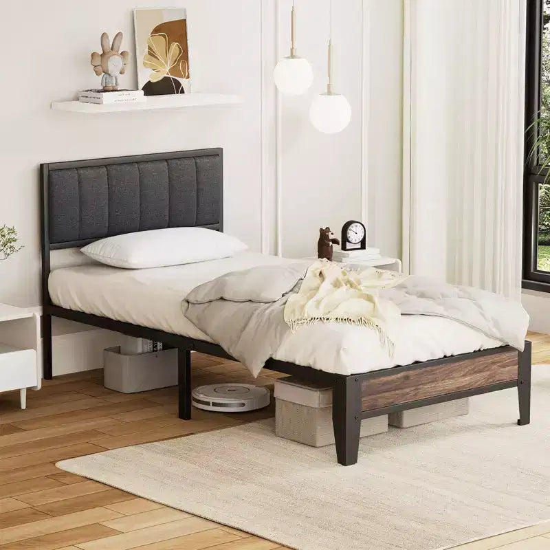 Telaio letto a piattaforma Lusimo Twin XL in metallo con testiera imbottita in tessuto, facile da montare