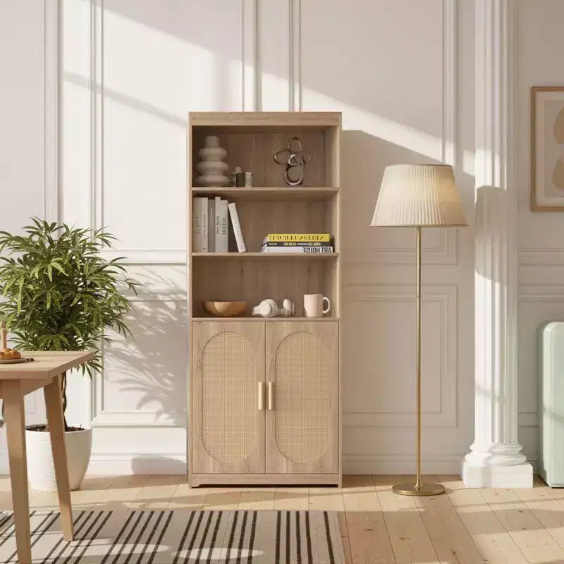 Karl Libreria Scaffale a 5 Ripiani Mobile Libreria Alto in Rattan con Ante Contenitore