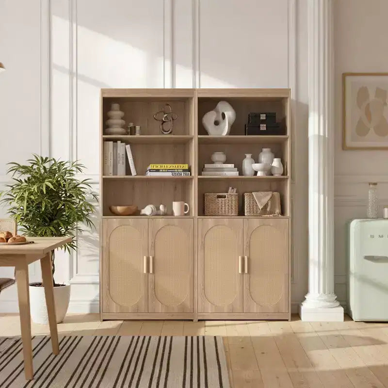 Karl Libreria Scaffale a 5 Ripiani Mobile Libreria Alto in Rattan con Ante Contenitore