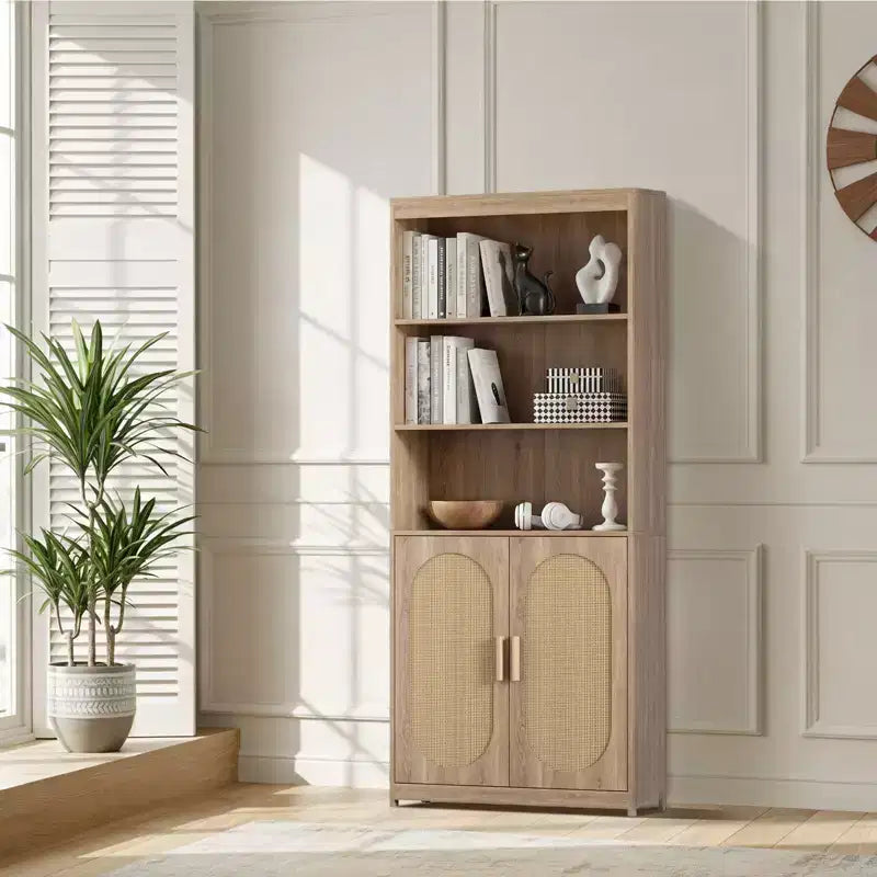 Karl Libreria Scaffale a 5 Ripiani Mobile Libreria Alto in Rattan con Ante Contenitore