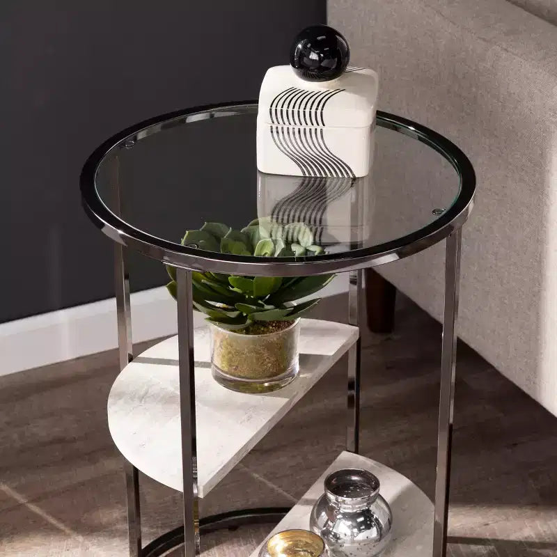 Tavolino rotondo Ledermore con finta pietra - Nero - SEI