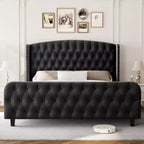 Cadre de lit Queen Size de 51 po de hauteur, tête et pied de lit à oreilles touffetés à boutons profonds, plateforme rembourrée en velours, sommier tapissier non requis, montage facile